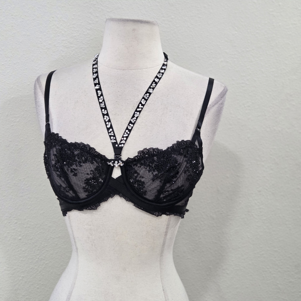 Victoria's Secret Black Sequin Lace Underwire Bra with Decorative Harness